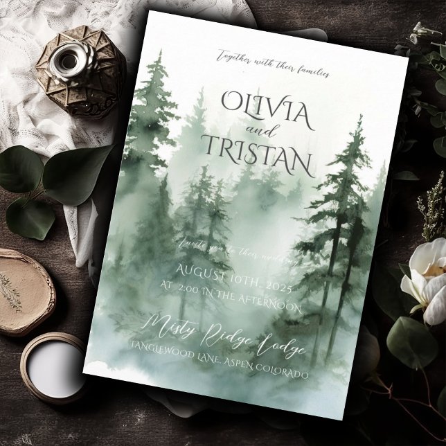 Convite Casamento de Aquarelas Rásticas da Floresta Pinhei (Criador carregado)