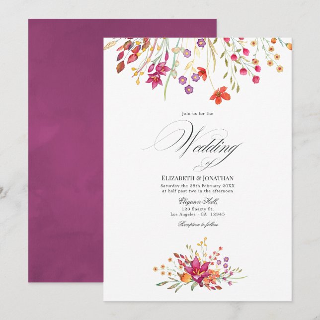 Convite Casamento de Aquarelle Wild Flower (Frente/Verso)