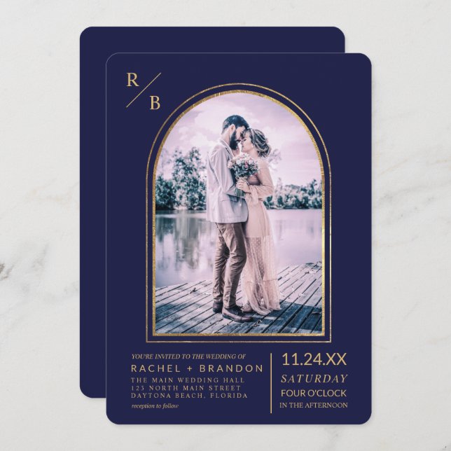 Convite Casamento de Arca Azul, Marinho Simples Moderno (Frente/Verso)