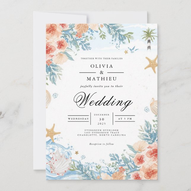 Convite Casamento de Arca Botânica de Coral Costeiro (Frente)