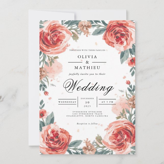 Convite Casamento de Arca Botânica de Coral Rosa (Frente)