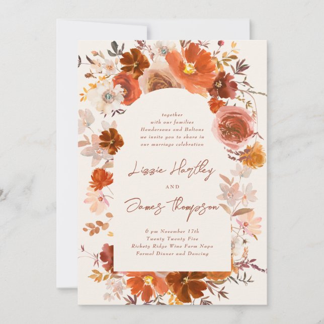 Convite Casamento De Arca Botânica Floral De Laranja Queim (Frente)