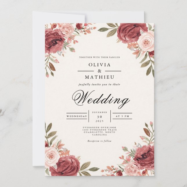 Convite Casamento de Arca Botânica Rosa Burgundy (Frente)