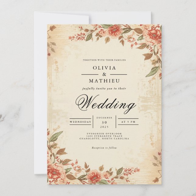 Convite Casamento de Arca Botânica Rosa da Vintage (Frente)