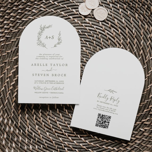 Convite Casamento de Arca de Boho com Código QR Verde de F (Minimal Leaf Olive Green QR Code Boho Arch Wedding Invitation)