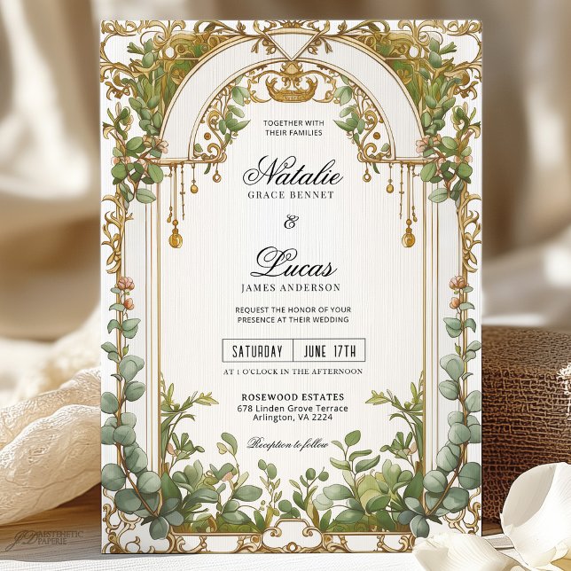 Convite Casamento de Arca Dourada Eucalyptus Dourado (Criador carregado)
