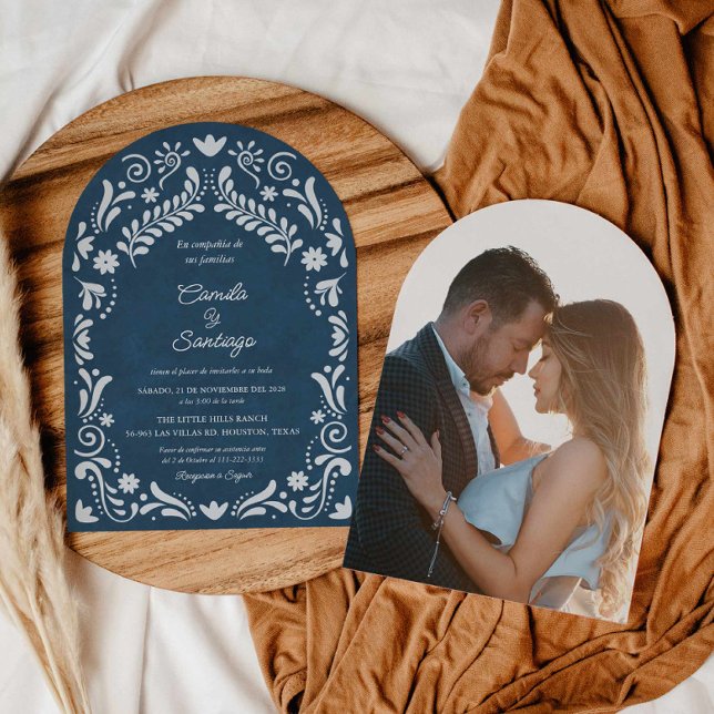 Convite Casamento de Arca Espanhola Blue Talavera Mexicana (Blue Talavera Mexican Wedding Photo Arch Invitation)