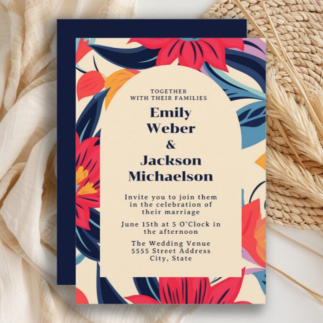 Convite Casamento de Arca Flor Azul-Vermelho Negrito (Navy blue and red retro -style flowers wedding invitation)