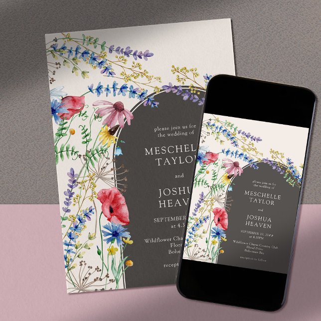Convite Casamento de Arca Floral de Campo de Charme de Flo (Arch wedding invitation with floral frame of wildflowers)