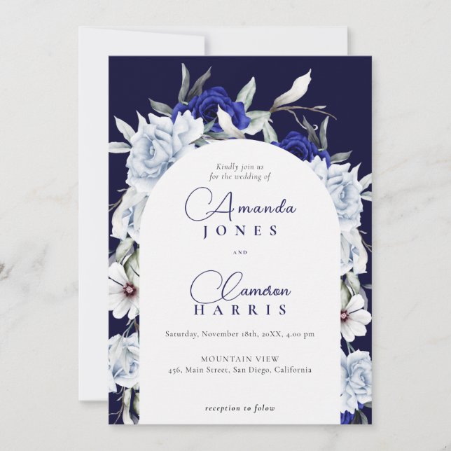 Convite Casamento de Arca Floral de Marinho Azul Elegante (Frente)