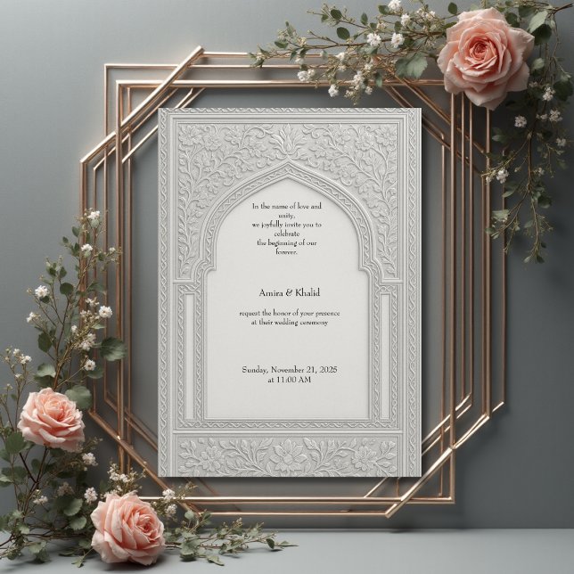 Convite Casamento de Arca Floral Embossed Silver (Criador carregado)
