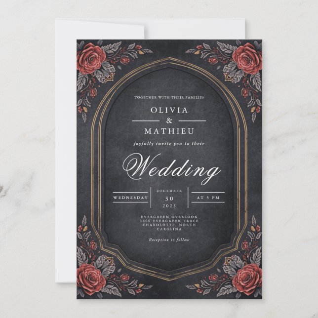 Convite Casamento de Arca Floral Moody Crimson (Frente)
