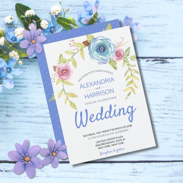 Convite Casamento de Arca Floral Rosa Rosa Rosa-Rosa-Rosa  (Elegant Boho Blue Pink Rose Floral Wedding Invitation)