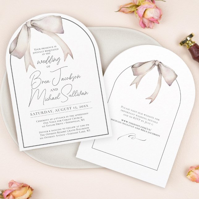 Convite Casamento de Arca Moderna Elegante com Arco de Aqu (Beautiful, soft, elegant, simple floppy white bow coquette aesthetic arch shape wedding invitation)