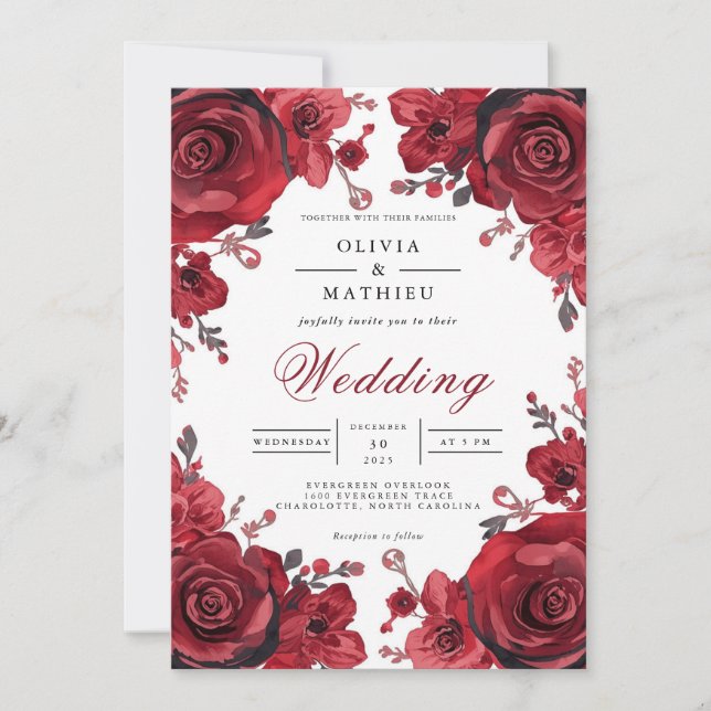 Convite Casamento de Arca Romântica Rosa Crimson (Frente)