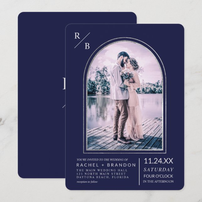 Convite Casamento de Arco Azul com Marinho de Prata Simple (Frente/Verso)