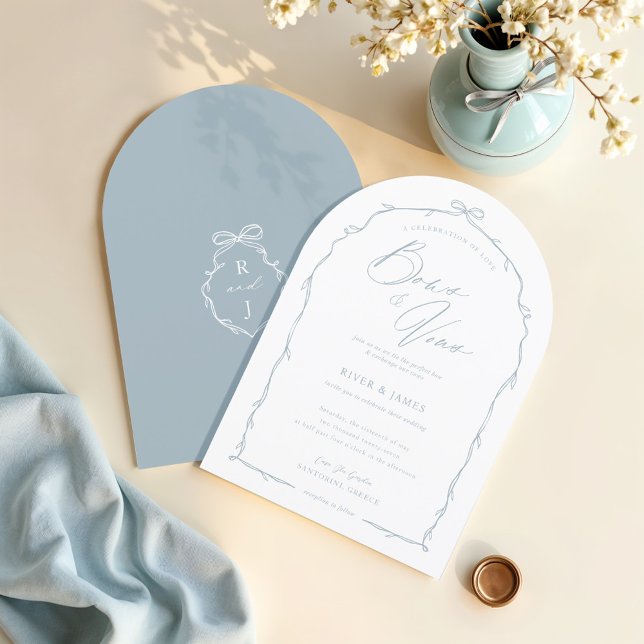 Convite Casamento de Arco Azul e Fita Desenhado à Mão Eleg (Elegant Hand Drawn Blue Bow & Ribbon Arch Wedding Invitation)