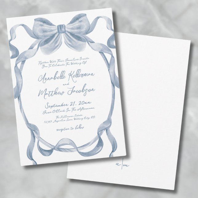 Convite Casamento de Arco Azul Elegante Vintage Dusty (Elegant Vintage Dusty Blue Bow Wedding Invitation)