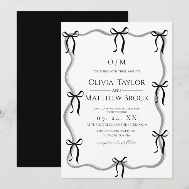 Convite Casamento de Arco Branco e Preto Moderno (Frente/Verso)