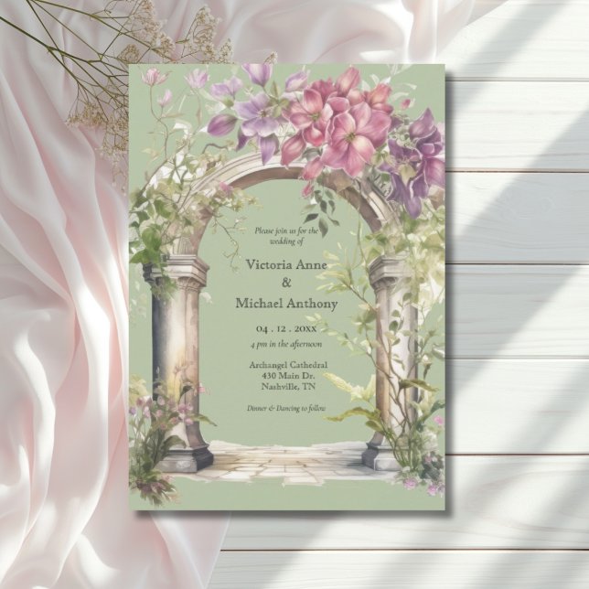 Convite Casamento de Arco de Aquarela Floral Verde Sage (Criador carregado)