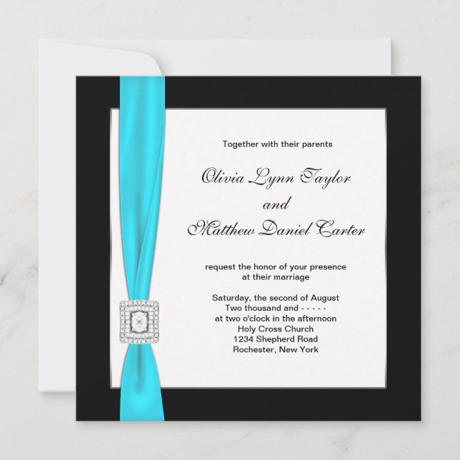 Convite Casamento de Arco de Azul Turquesa Preto Branco (Frente)