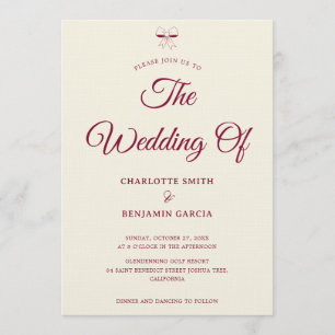Convite Casamento de Arco de Creme de Script Burgundy Eleg