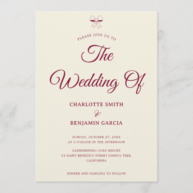 Convite Casamento de Arco de Creme de Script Burgundy Eleg (Frente)