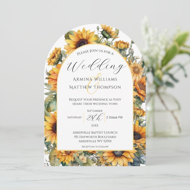 Convite Casamento de arco de girassol elegante (Em pé/Frente)