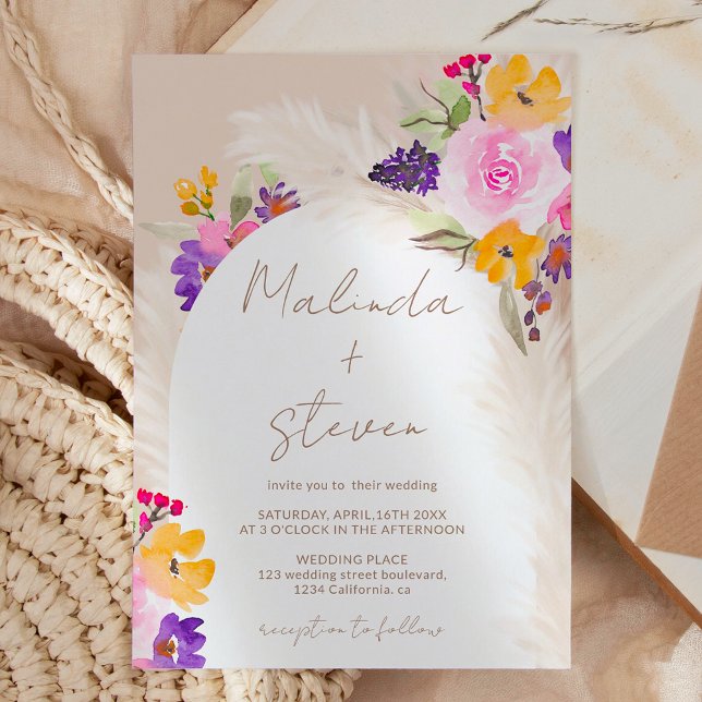 Convite Casamento de arco do deserto com pampas florais co (Boho pink floral pampas desert arch wedding invitation)