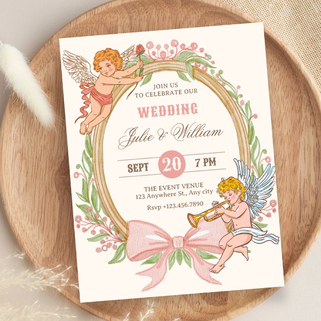 Convite Casamento de arco floral cupido vintage (Criador carregado)