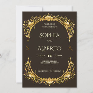 Convite Casamento de arco floral dourado Art Nouveau elega