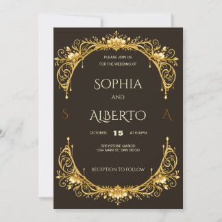 Convite Casamento de arco floral dourado Art Nouveau elega