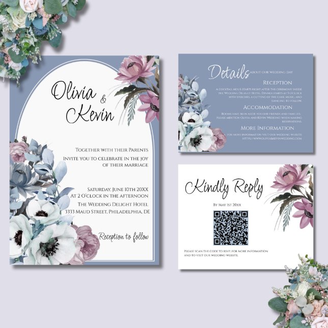 Convite Casamento de Arco Moderno Floral Dusty Blue e Rosa (Criador carregado)