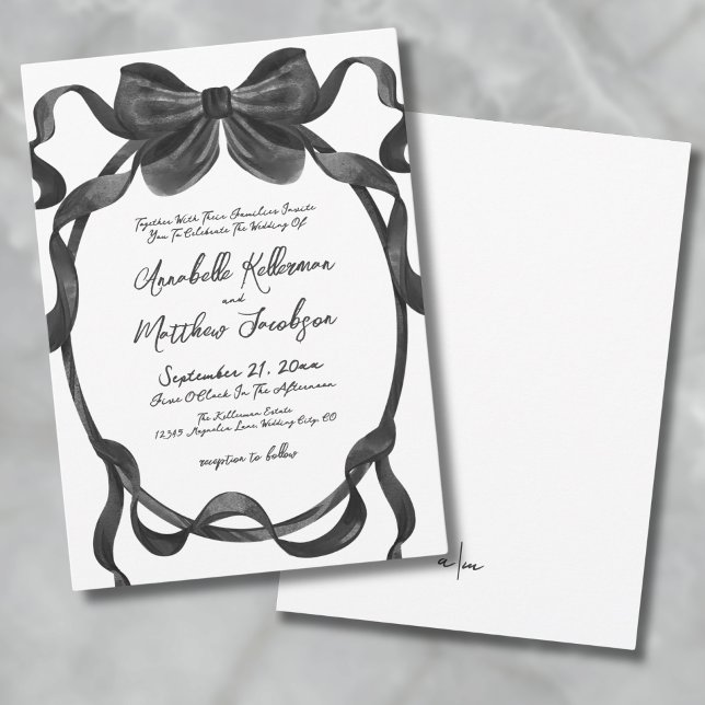 Convite Casamento de Arco Negro Elegante Na moda Watercolo (Elegant Stylish Watercolor Black Bow Wedding Invitation)