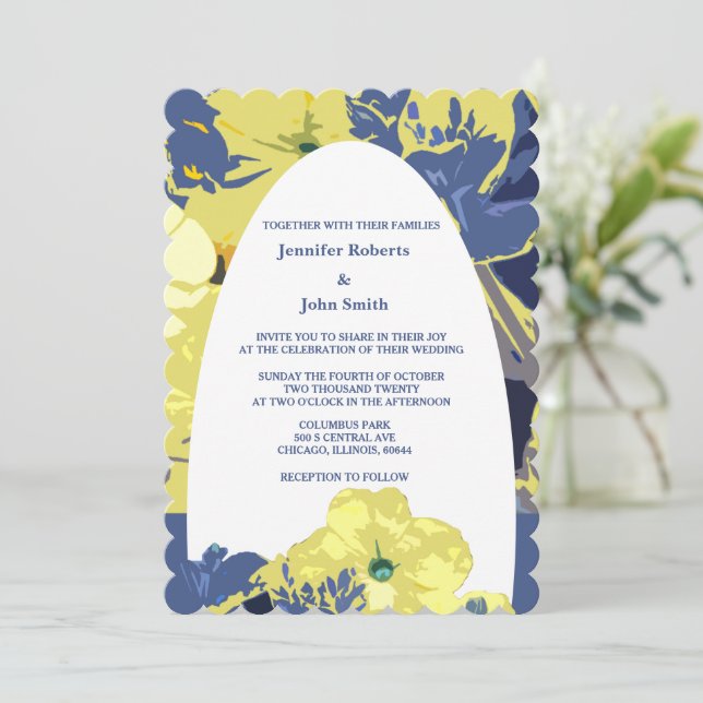 Convite Casamento de Arco Personalizado Azul-Amarelo Flora (Em pé/Frente)