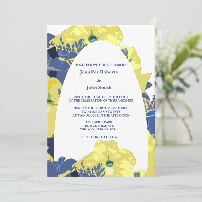Convite Casamento de Arco Personalizado Azul Azul Floral A (Em pé/Frente)
