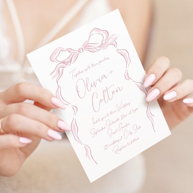 Convite Casamento de Arco Redesenhado à Mão Elegante Paste (Elegant Pastel Pink Hand Drawn Bow Wedding Invitation)