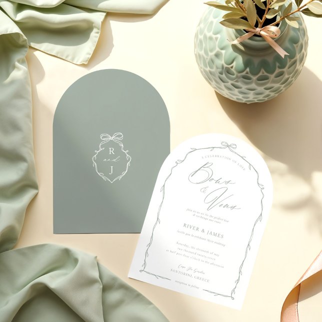 Convite Casamento de Arco Verde e Fita de Mão Elegante (Elegant Hand Drawn Green Bow & Ribbon Arch Wedding Invitation)