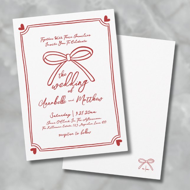 Convite Casamento de Arco Vermelho Whimsical Drawn (Hand Drawn Whimsical Red Bow Wedding Invitation )