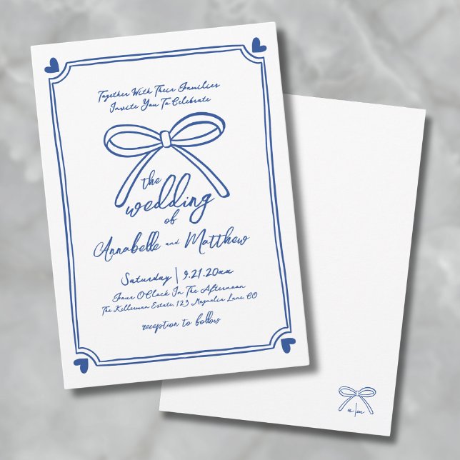 Convite Casamento de Arco Whimsical Desenhado à Mão Branca (Blue White Hand Drawn Whimsical Bow Wedding Invitation)