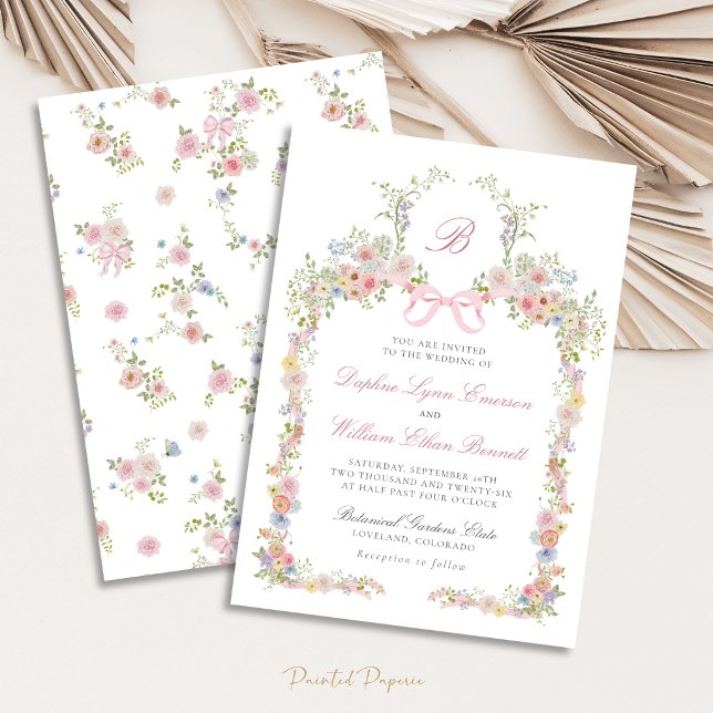 Convite Casamento de Arcos Monogramados e Flores Silvestre (Monogrammed Bows and Wildflowers Victorian Wedding Invitation
)
