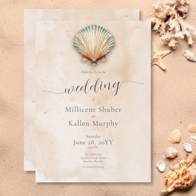 Convite Casamento de Areia Costeira Moderna (Modern Coastal Seashell Sand Wedding Invitation)