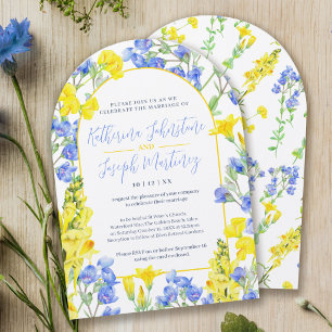 Convite Casamento de arqueta de aquarela azul amarelo de f