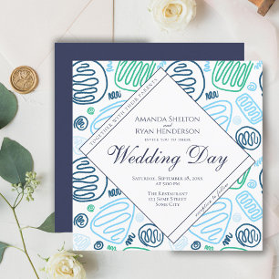 Convite Casamento de Arte Abstrata de Linha Única Azul Úni