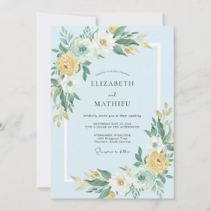 Convite Casamento de Arte Botânica Azul Céu