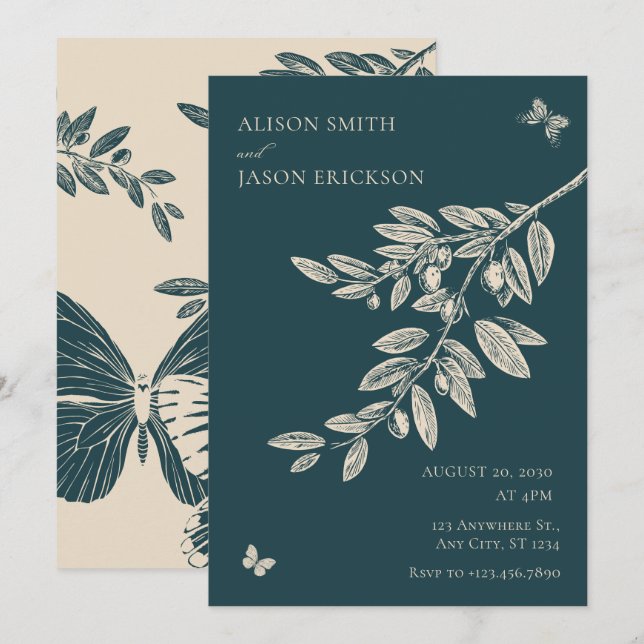 Convite Casamento de Arte com Borboleta Floral Verde (Frente/Verso)