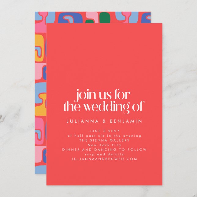 Convite Casamento de Arte com Formas Legal Retro Retro Ver (Frente/Verso)