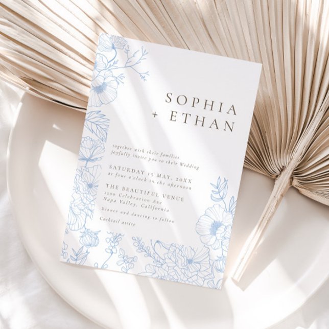 Convite Casamento de Arte com Linha Floral Azul Elegante F (Criador carregado)