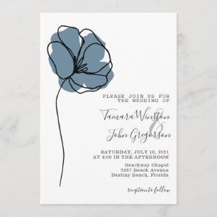 Convite Casamento de Arte com Linha Floral Azul Simples Du