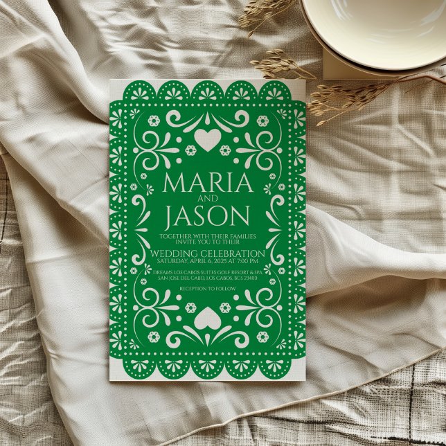 Convite Casamento de Arte com White Folk do Papel Picado V (Mexican Papel Picado Green White Folk Art Wedding Invitation)